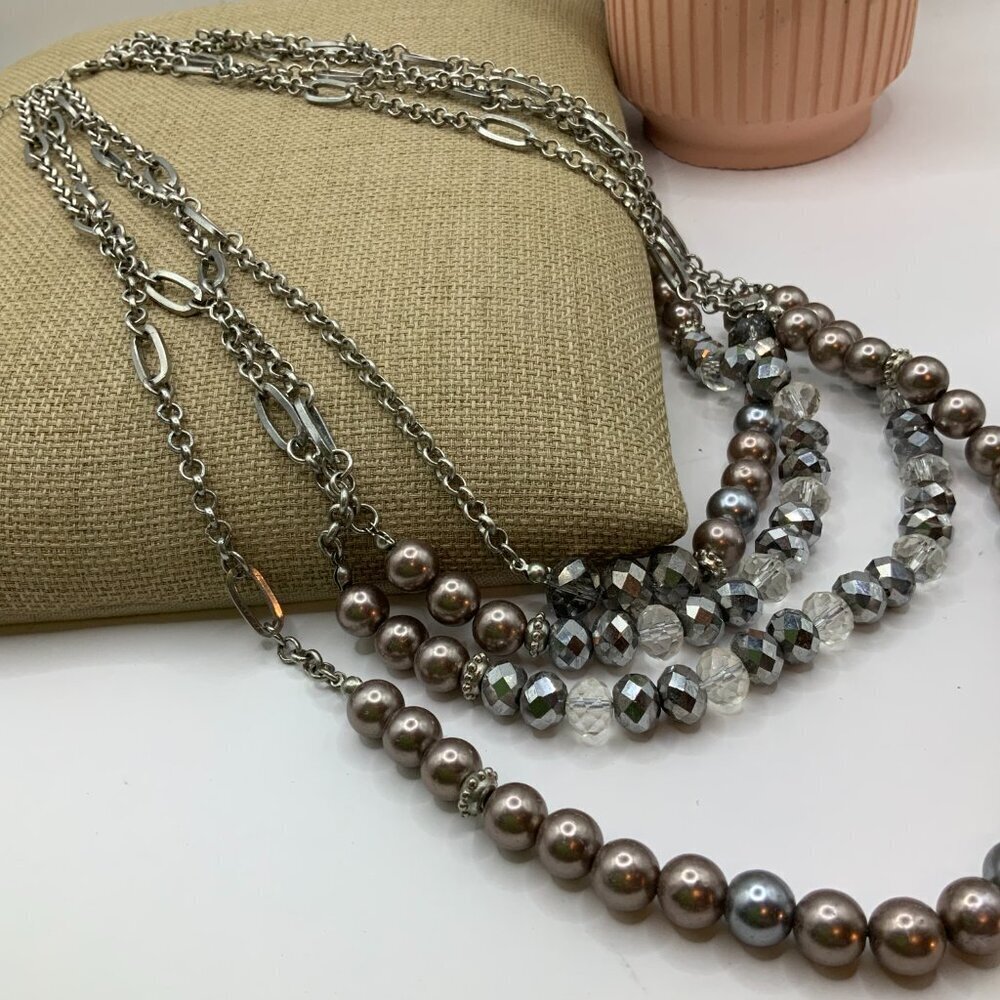 Julies B Multi Strands Gray AB Iridescent Beaded Silver Necklace - Picture 4 of 8